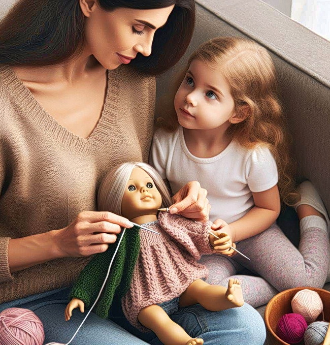 Capturing a cherished moment: a mother lovingly knits delicate doll garments as her daughter watches, eager to dress her favorite dolls in these newly crafted outfits