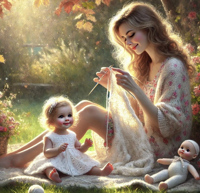 apturing a cherished moment: a mother lovingly knits delicate doll garments as her daughter watches. Imagine the smile on a child's face as they dress their dolls in these adorable, hand-knit garments.
