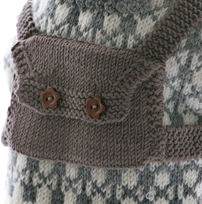 Ich habe den Rucksack ebenfalls in braun gestrickt. Er hat Knöpfe auf der Vorderseite und vervollständigt dieses Outfit