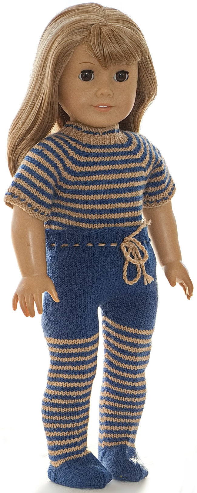 Nice and warm tights with legs knitted in stripes like stripes for the sweater fit these clothes well.   The pants and feet are knitted in blue.