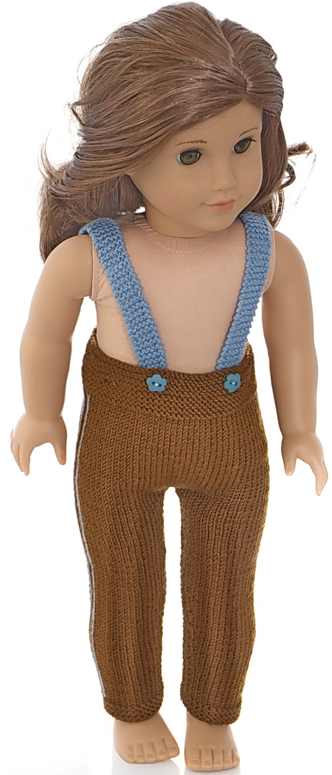 Perfect pants in brown fit your doll well. The pants are simple, knitted in brown.  Along the outsides of the pants, blue back stitches are sewn on each side of the stitches outside the purled sts.