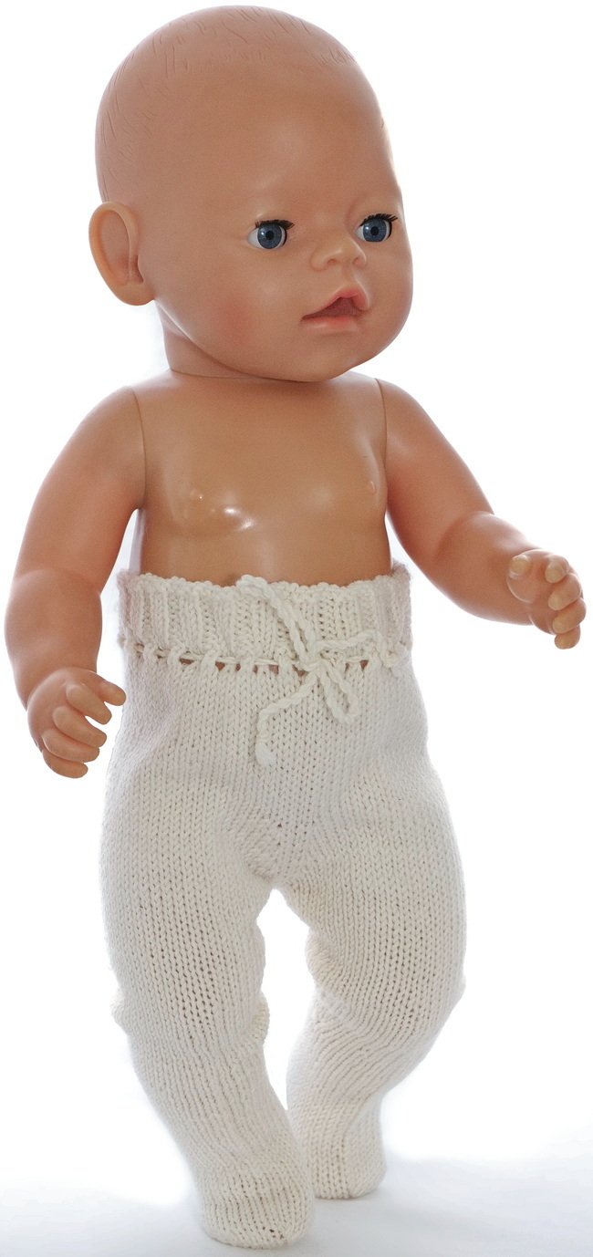 The pants will fit any outfit for your doll very well. It has a high waist, and a cord is threaded through the row of eyelets and bound in a bow front.