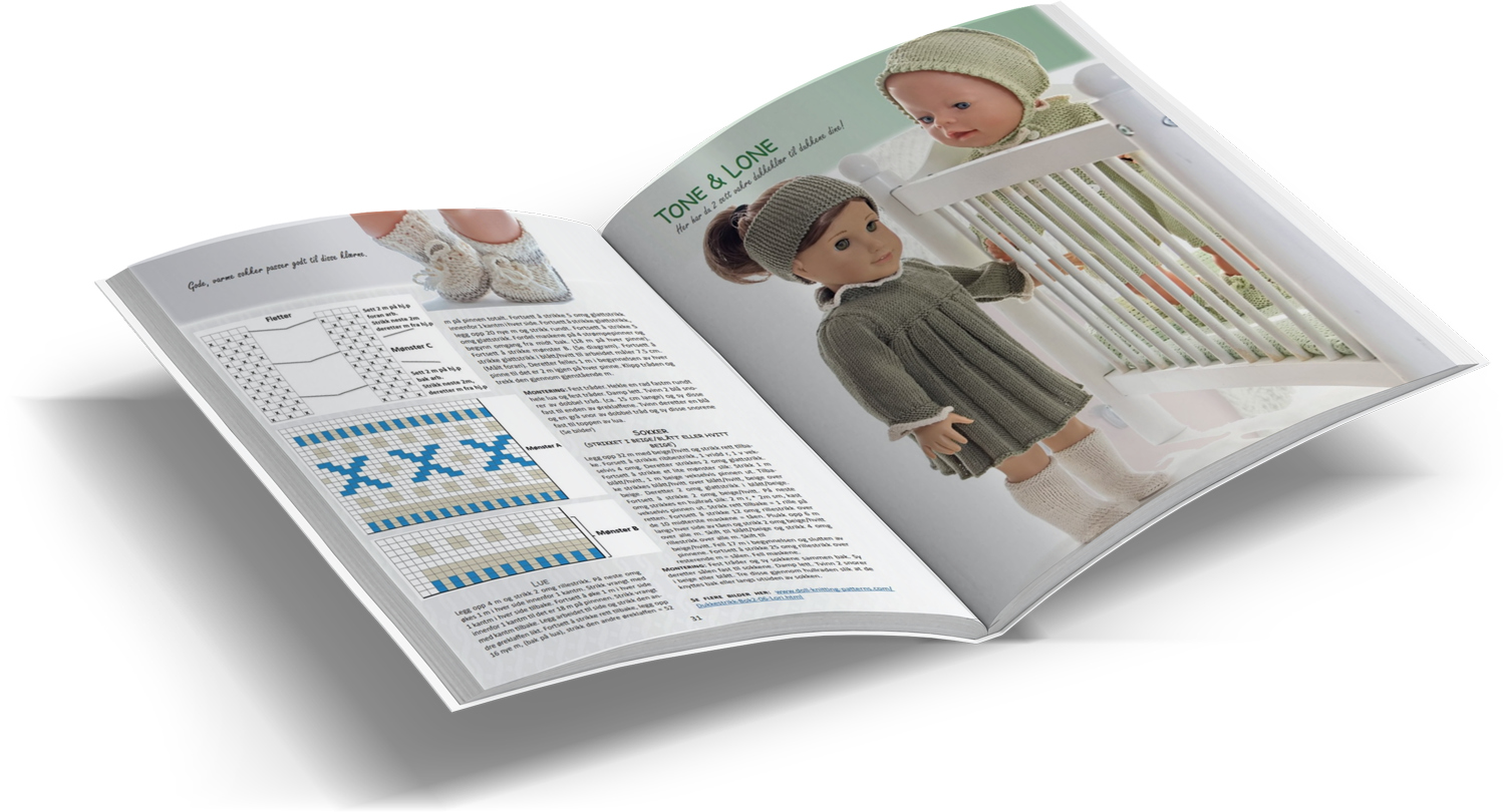 Doll Knitting Pattern Tone & Lone<br>Here are two lovely outfits for your dolls!
Beautifully dressed dolls!