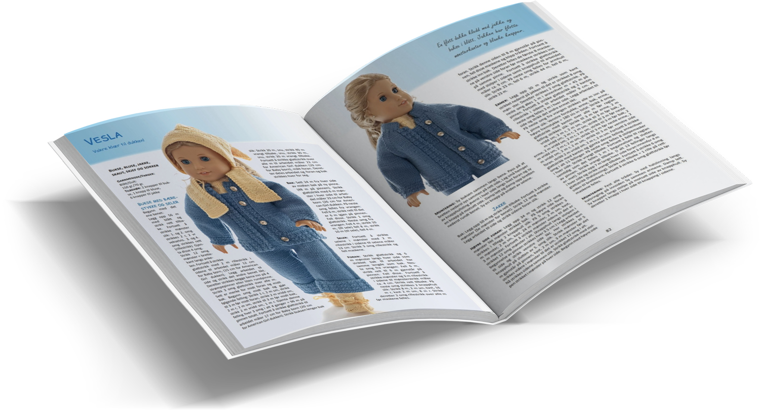Doll Knitting Pattern Vesla<br>Pants, blouse, jacket, headscarf,
scarf and socks<br>A pretty doll dressed in jacket and pants
in blue. The jacket has nice pattern edges
and bright buttons!