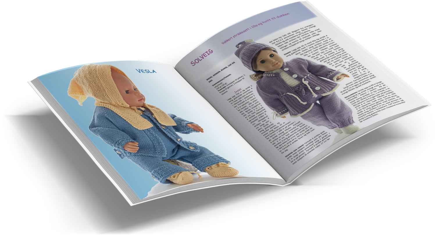 Doll Knitting Pattern Solveig<br>Sweater, pants, shortsleeved
sweater, cap, scarf,
mittens, and socks<br>Beautiful outfit for a beautiful doll<br>Nize jacket in lilac tied around the waist with a white cord. Good
pants with suspenders and a cord in lilac tied front!