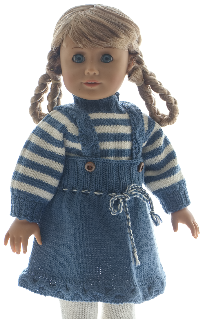 Complete Synne doll knitting pattern set in blue, white and brown. Complete Synne doll knitting pattern set in blue, white and brown.